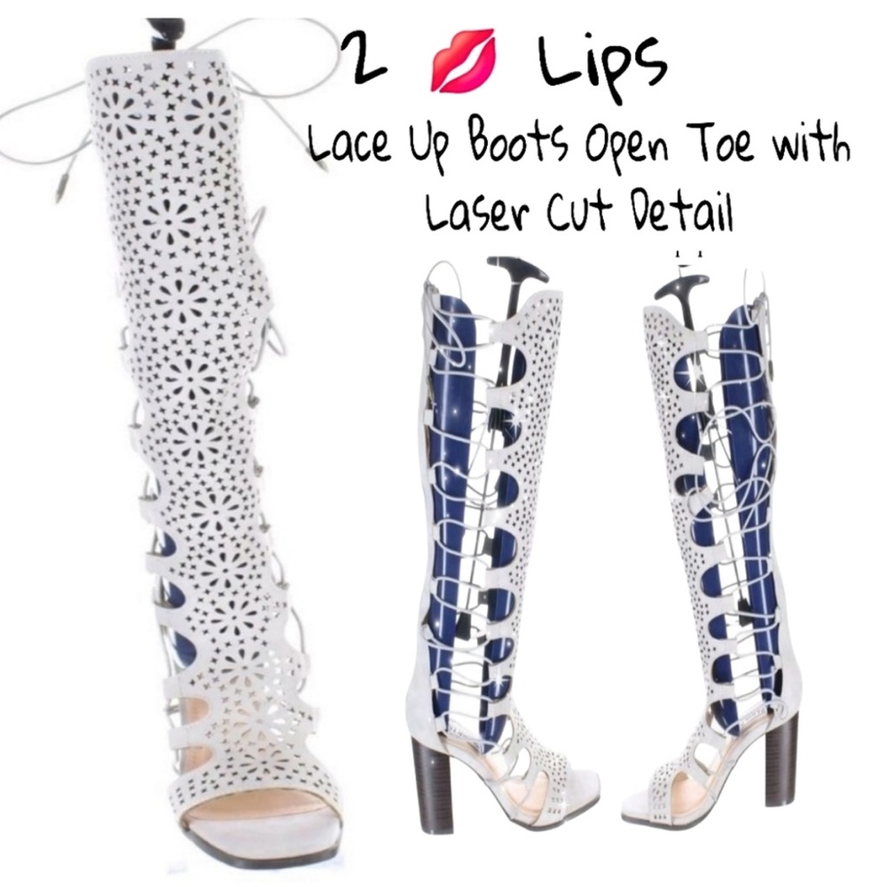 New 2 LIPS Too CHUNKY HEEL LACE UP BOOT SANDALS OPEN TOE KNEE HIGH BOOTS 7 Grey